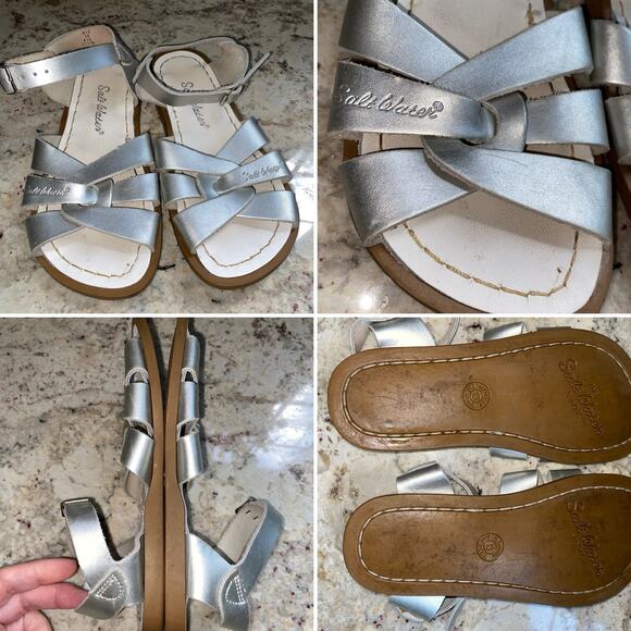 Saltwater Originals Hoy $60 Girls Leather Silver Sandals  Girls sz 13 EUC - Picture 1 of 14